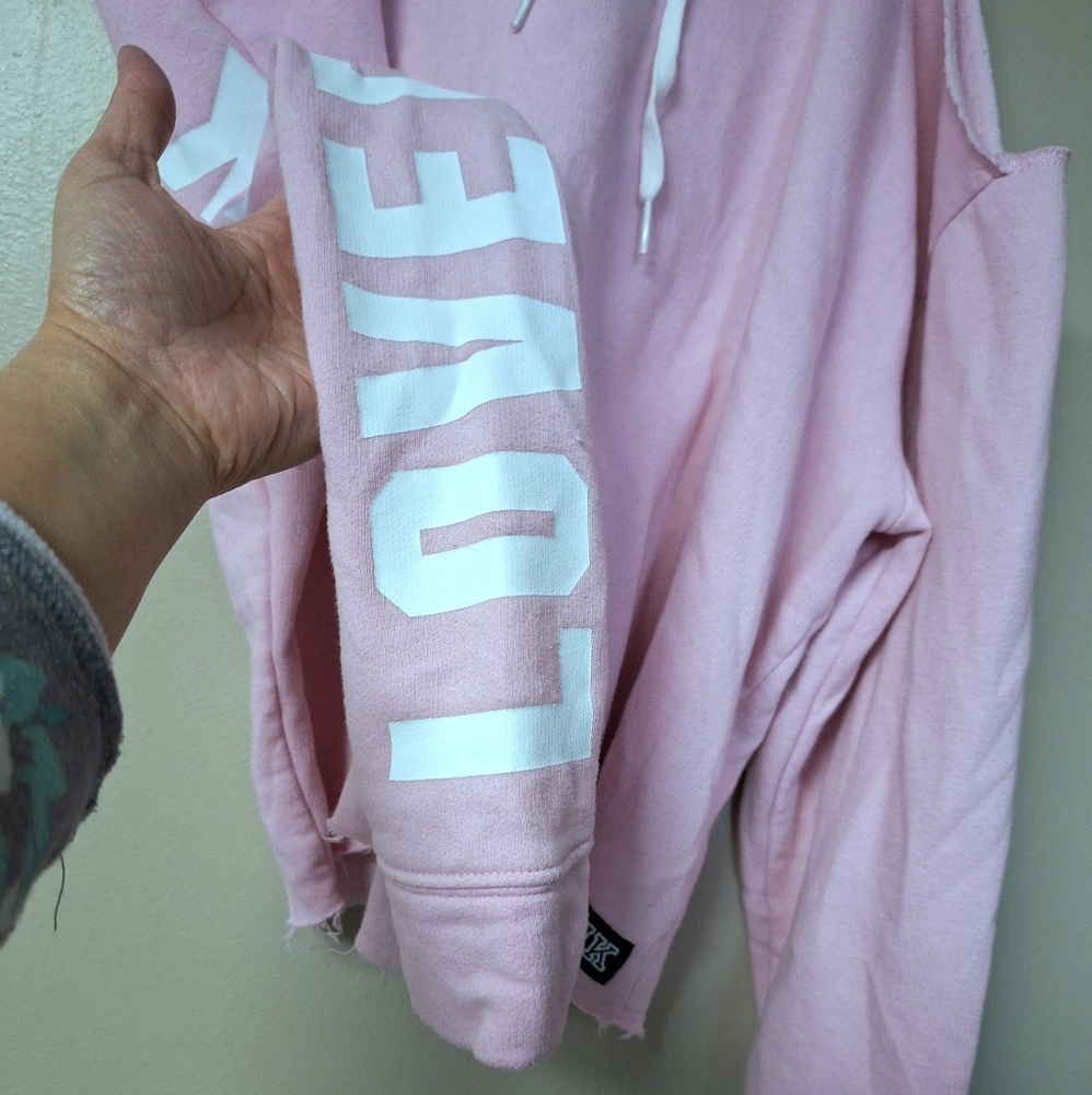 Pink Victoria's Secret Cut Out Cold Shoulder Long Sleeve Crop Hoodie Sweatshirt - Picture 3 of 8